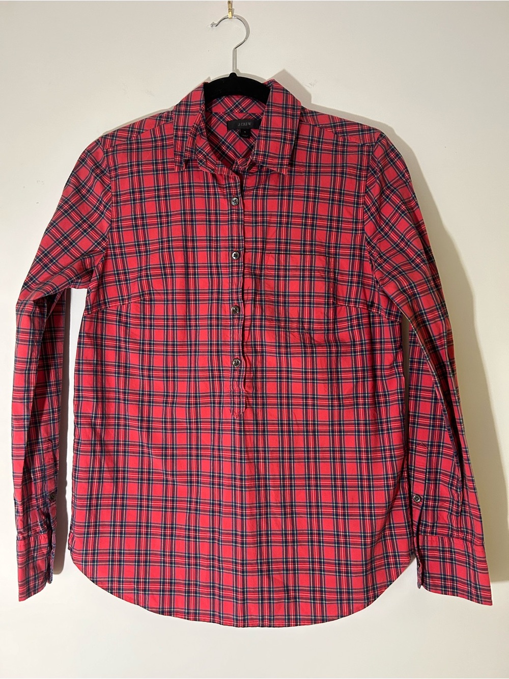 J.Crew Red Tartan Plaid Popover Shirt Size 4 Like New 100% cotton
